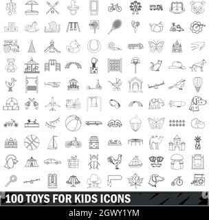 100 jouets pour les enfants, l'ensemble des icônes de style contour Illustration de Vecteur