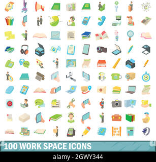 100 l'espace de travail, définir des icônes cartoon style Illustration de Vecteur