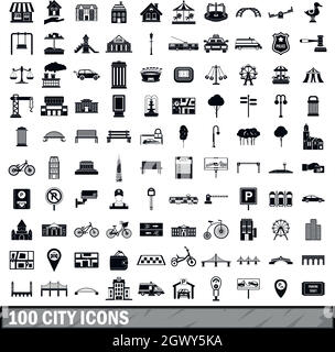 100 city icons set dans un style simple Illustration de Vecteur