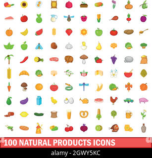 Produit naturel 100 icons set, cartoon style Illustration de Vecteur