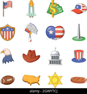 Articles de voyage USA, cartoon style icons set Illustration de Vecteur