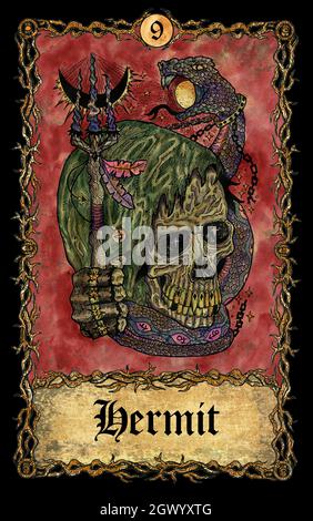 Ermit. Carte de tarot d'Arcana majeure avec crâne sur fond ancien. L'art mystique, l'illustration d'Halloween avec un concept ésotérique, gothique, occulte Banque D'Images