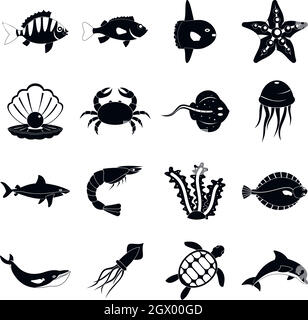 Les animaux de la mer, le style simple icons set Illustration de Vecteur
