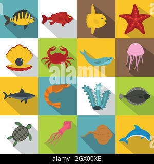 Les animaux de la mer, style plat icons set Illustration de Vecteur