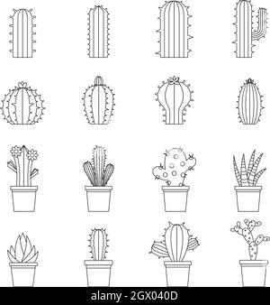 Cactus différents style du contour, icons set Illustration de Vecteur