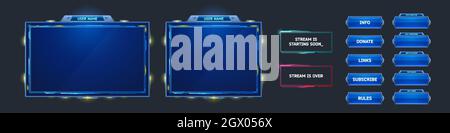 Superposition de flux d'espace, trame d'interface utilisateur de twitch de jeu. Écran de streaming, panneaux du nom d'utilisateur du joueur, menu et boutons. Modèle pour esport, vidéo en direct en ligne, bordures lumineuses de l'interface utilisateur numérique, jeu de vecteurs de dessin animé Illustration de Vecteur
