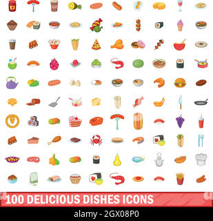 100 plats délicieux icons set, cartoon style Illustration de Vecteur