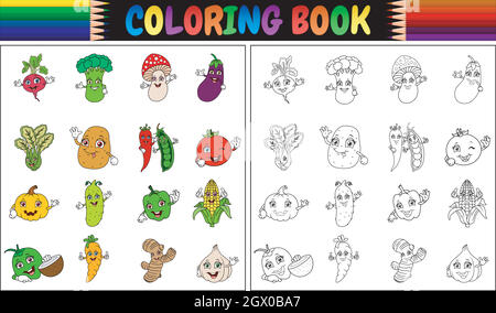 Livre de coloriage avec de jolis légumes de dessin animé Illustration de Vecteur