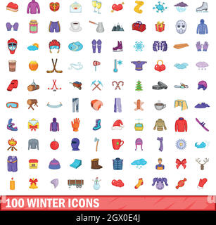 100 icônes d'hiver set, cartoon style Illustration de Vecteur