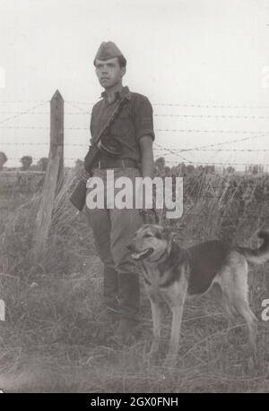 Vintage / Retro armée / militaire PPsh-41 série 6. Un soldat avec un chien ( Berger allemand ) posant avec son fusil de sous-machine soviétique sur le terrain autour des années 1950. Il est d'Europe de l'est peut-être en Hongrie. Dessin de papasha par Georgy Shpagin. Le PPSh-41 était en service de 1941 à 60 ans Source : photo originale Banque D'Images