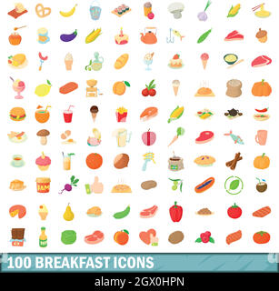 100 icons set de petit-déjeuner, style cartoon Illustration de Vecteur