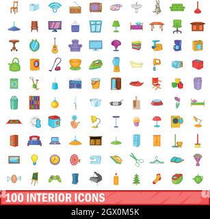 100 icônes de l'intérieur, de style cartoon Illustration de Vecteur