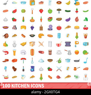 100 icons Set de cuisine, style cartoon Illustration de Vecteur