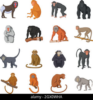 Singes différents icons set, cartoon style Illustration de Vecteur