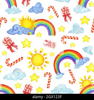 Motif sans couture avec nuages arc-en-ciel aquarelle, soleil, bonbons et étoiles. Illustration moderne sur fond blanc. Design pour les textiles pour enfants, déc Banque D'Images