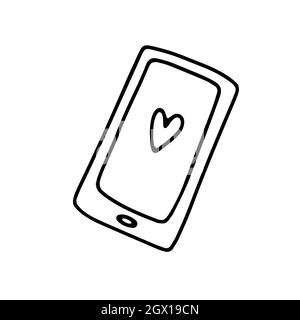 Smartphone Doodle avec coeur mignon. Chat de message dessiné à la main sur fond blanc. Signe de communication, chat, mail, dialogue, Saint Valentin, amour. P Illustration de Vecteur