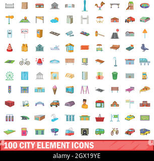 100 icônes d'éléments de la ville, style cartoon Illustration de Vecteur