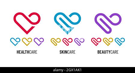 Logos vectoriels de santé et de beauté avec différentes formes de coeur sur fond blanc. Design d'icône médical ou d'amour. Illustration de Vecteur