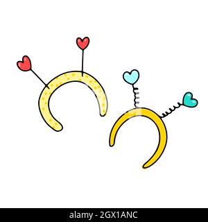Accessoire pour panier à cheveux Doodle. Main-dessiné mignon amour head bande avec des coeurs, ressorts isolés sur fond blanc. Décor coloré pour la Saint-Valentin, février Illustration de Vecteur