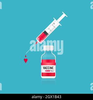Flacon de vaccin et seringue contenant des gouttes de vaccin en forme de cœur. Conception de concept médical de vaccin. Illustration de Vecteur