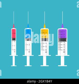 Formes de seringues jetables de différentes tailles et couleurs. Motif d'icône de vecteur de vaccin. Illustration de Vecteur