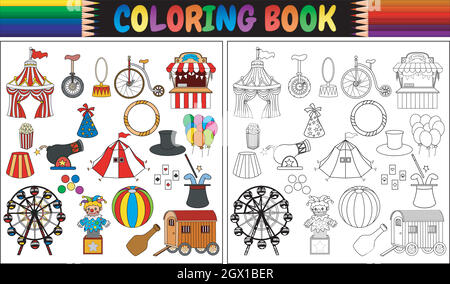 Livre de coloriage avec icônes de parc d'attractions Illustration de Vecteur