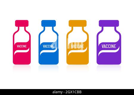 Différentes icônes de flacons de vaccins colorés. Design des icônes plates des bouteilles médicales. Illustration de Vecteur