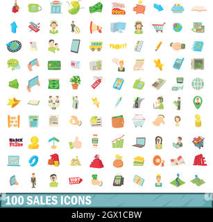 100 ventes icons set, cartoon style Illustration de Vecteur