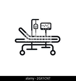 Lit d'hôpital, cardiogramme et sac de liquide en plastique dans l'unité de soins intensifs. Conception d'icône d'équipement médical d'urgence. Illustration de Vecteur