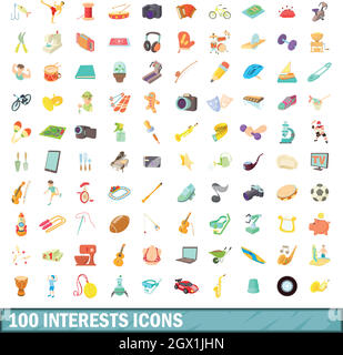 Intérêts 100 icons set, cartoon style Illustration de Vecteur