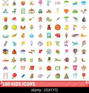 100 enfants icons set, cartoon style Illustration de Vecteur