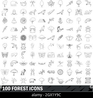 Forêt 100 icons set style du contour, Illustration de Vecteur