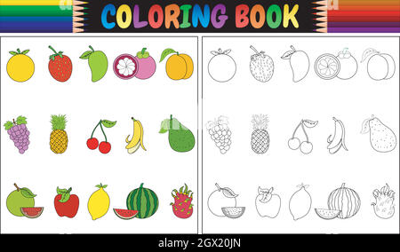 Livre de coloriage avec dessin animé fruits frais Illustration de Vecteur
