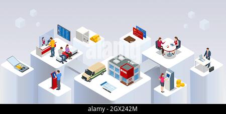 Bureau d'IsometricBank , employés et clients de la banque. Les employés en activité, les gens d'affaires des clients, les conseillers financiers, les caissiers, la caisse, ATM Illustration de Vecteur