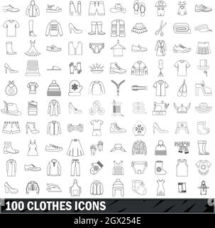 100 icons set vêtements style du contour, Illustration de Vecteur