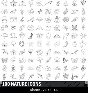 ensemble de 100 icônes de nature, style de contour Illustration de Vecteur