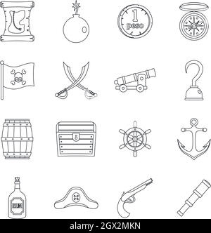 Ensemble d'icônes de pirate, style plat Illustration de Vecteur