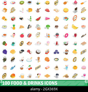 Nourriture et boissons 100 icons set, style 3D isométrique Illustration de Vecteur