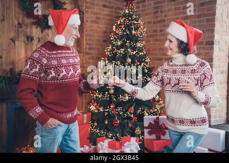 Photo de positif vieux couple mature tenir verre clin célébrer Noël porter ornement chandail chapeau maison à l'intérieur Banque D'Images