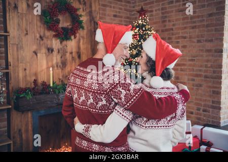 Vue arrière photo de l'ancien couple tenir verre profiter embrasser porter ornement chandail chapeau de père noël maison à l'intérieur Banque D'Images