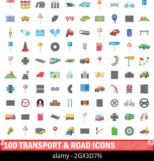 100 transports routiers et icons set, cartoon style Illustration de Vecteur