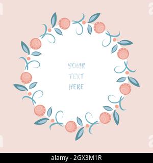 Couronne de rose folklorique, cadre floral décoratif arrondi. Dessin à la main de l'encre de pinceau fleur de trait, feuilles, coloré en rose corail, bleu. Cercle blanc Illustration de Vecteur