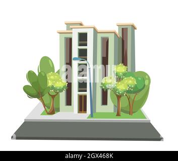 Bâtiment vert de la ville. Parmi les arbres. Route asphaltée. Dessin animé, style plat. Bâtiment résidentiel avec fenêtres et balcons. Isolé sur blanc Illustration de Vecteur