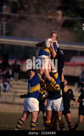 MATCH DE RUGBY À XV EN COURS, NOUVELLE-GALLES DU SUD, AUSTRALIE. UN CAVALIER EST SOULEVÉ EN L'AIR PAR LES MEMBRES DE SON ÉQUIPE AFIN DE SAISIR LA BALLE. Banque D'Images