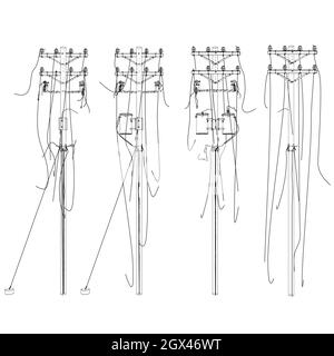 Contour des lignes électriques détruites de noir isolé sur fond blanc. Vue avant. Illustration vectorielle. Illustration de Vecteur