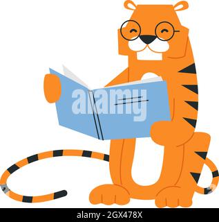 Joli dessin animé tigre. Lecture. Nouvelle année 2022. Horoscope chinois. Illustration vectorielle isolée. Caractère souriant avec un livre. Retour à l'école. Étudiants Illustration de Vecteur