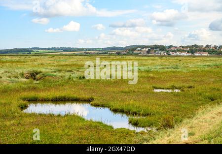 Vue sur les marais d'eau douce jusqu'à CLEY, à côté du village de la mer, depuis la route à pied de Blakeney Freshes, Norfolk, Angleterre. Banque D'Images