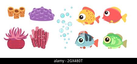 Ensemble d'objets marins : coraux, plantes, poissons, algues et bulles. Sous l'eau. Aquarium ou mer. Eau d'été. Isolé sur fond blanc. Illustration Illustration de Vecteur