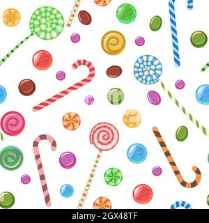 Bonbons et épars. Motif sans couture. Assortiment de desserts à la Lollipop entrecoupé. Bonbons caramel avec bâton. Illustration d'arrière-plan plat. Isolé Illustration de Vecteur