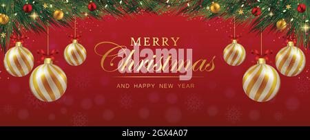 Magnifique illustration vectorielle de la bannière de Noël.Arrière-plan rouge.Joyeux Noël et bonne nouvelle année.Bannière de Noël avec boules de Noël Illustration de Vecteur